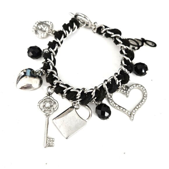 GUESS Silver & Black Love 7.5" Charm Bracelet - Picture 1 of 3